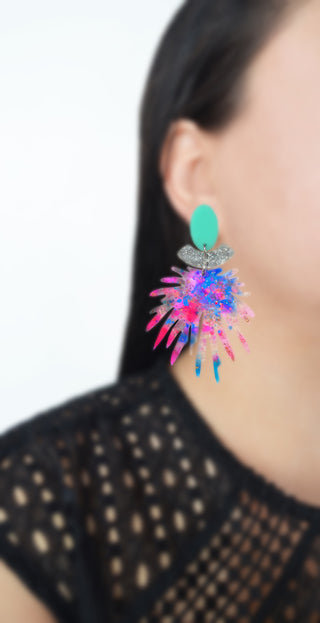Pink Pom Pom Acrylic Laser Cut Dangle Earrings