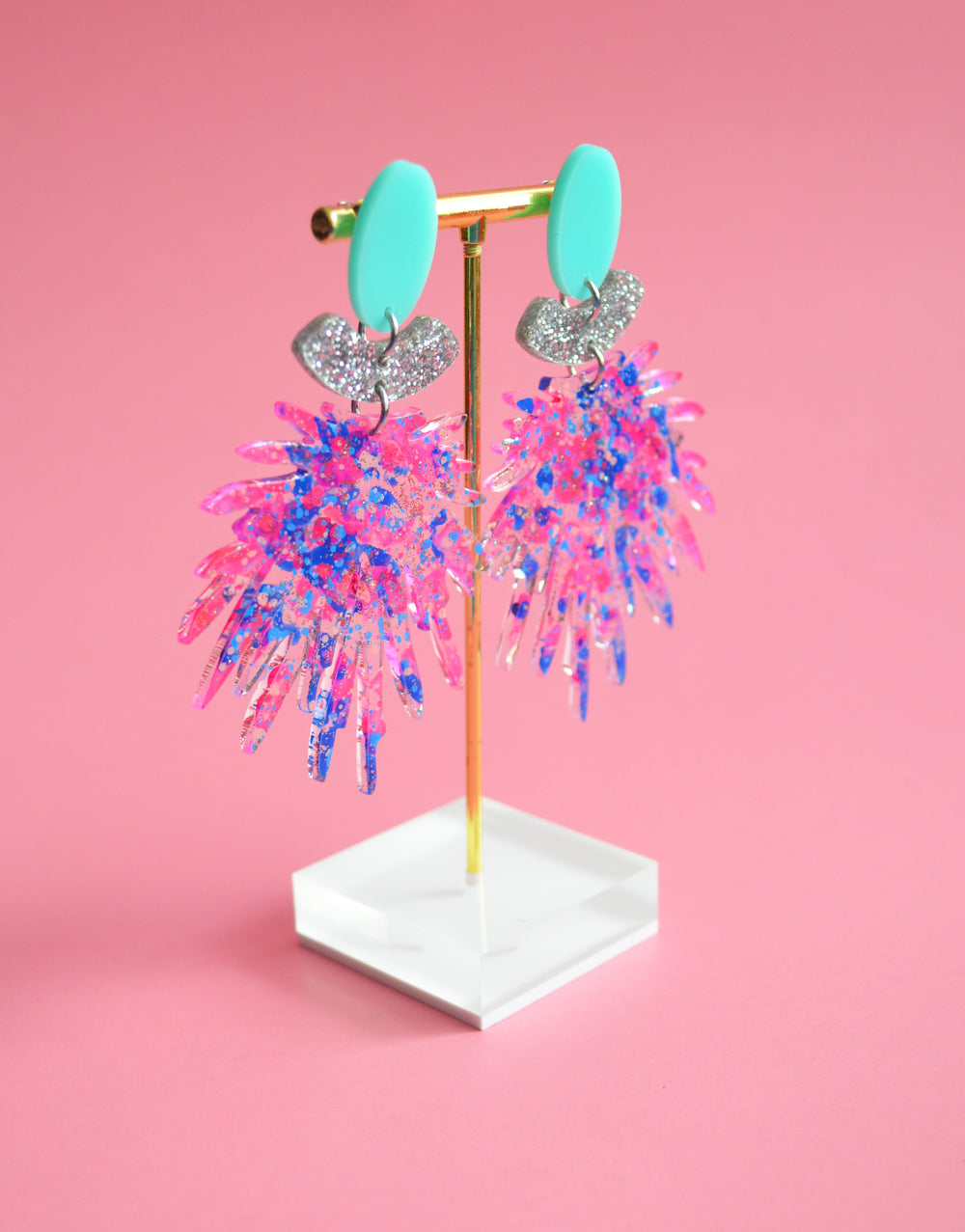 Pink Pom Pom Acrylic Laser Cut Dangle Earrings