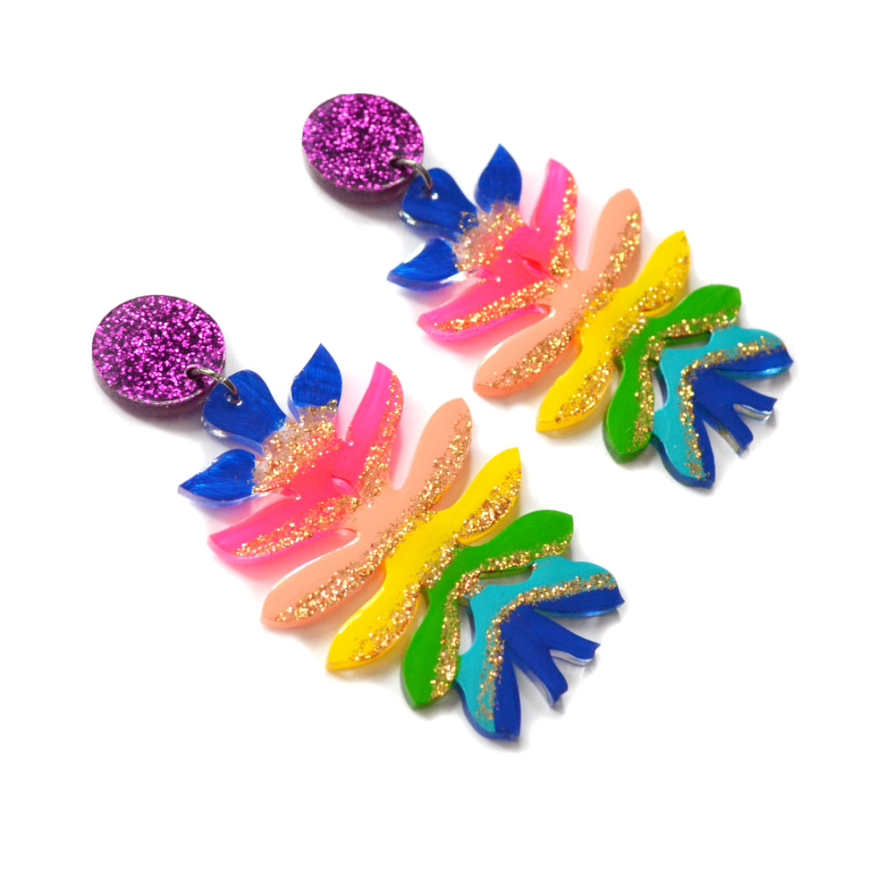 Rainbow Flower Statement Acrylic Laser Cut Glitter Earrings