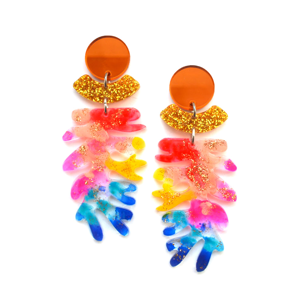Rainbow Seaweed Leaf Acrylic Glitter Earrings, Laser Cut Jewelry