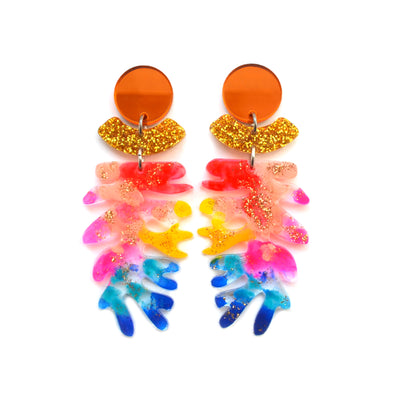 Rainbow Seaweed Leaf Acrylic Glitter Earrings, Laser Cut Jewelry
