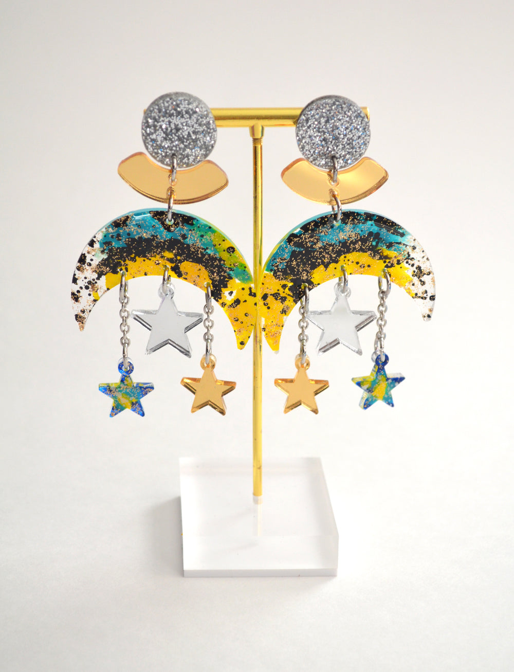 Upside Down Celestial Moon Earrings, Resin Jewelry
