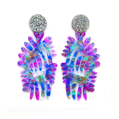 Blue and Purple Resin and Acrylic Leaf Statement Earrings, Laser Cut Jewelry