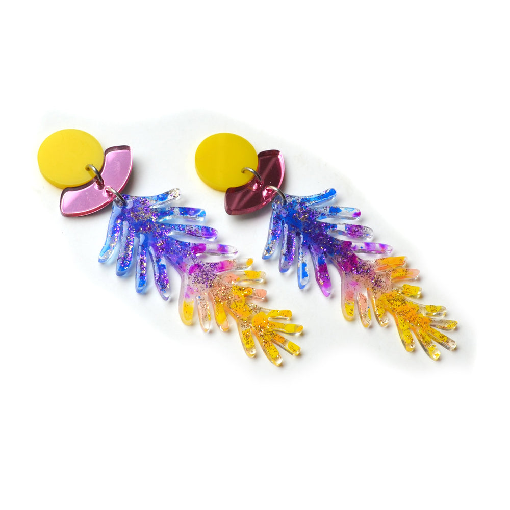 Purple and Yellow Ombre Branch Laser Cut Acrylic Resin Earrings