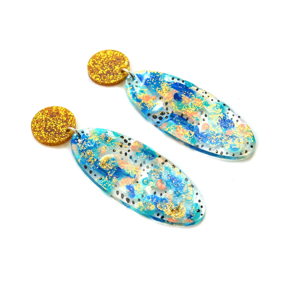 Blue and Gold Dot Patterned Oval Drop Statement Earrings, Resin Acrylic Jewelry