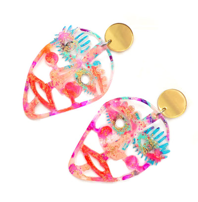Gold and Hot Pink Laser Cut Face Earrings