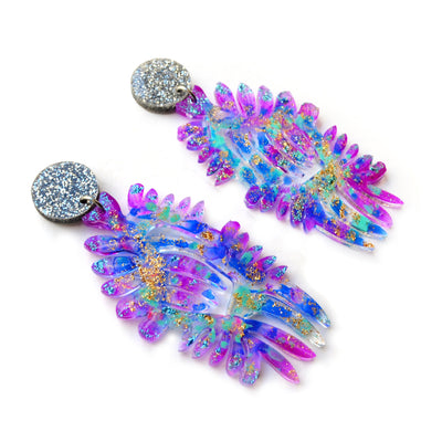 Blue and Purple Resin and Acrylic Leaf Statement Earrings, Laser Cut Jewelry