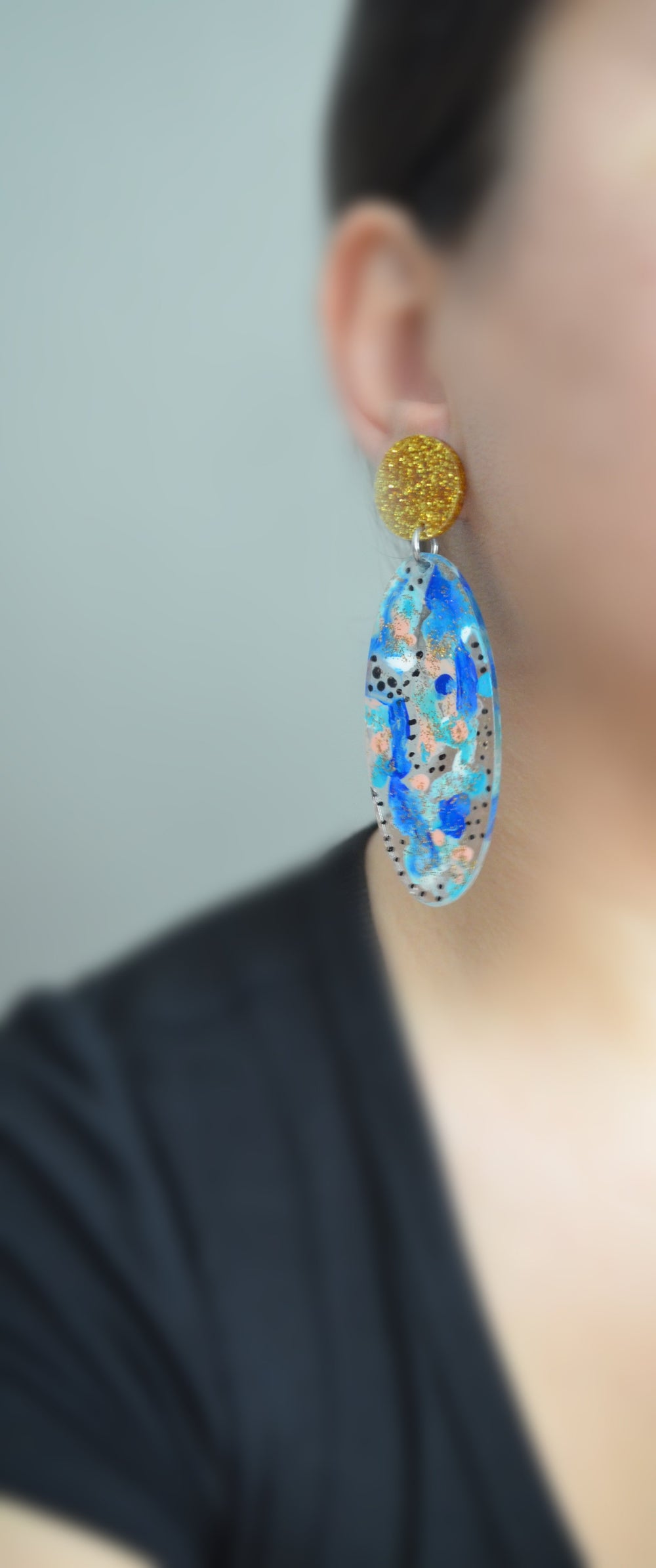 Blue and Gold Dot Patterned Oval Drop Statement Earrings, Resin Acrylic Jewelry
