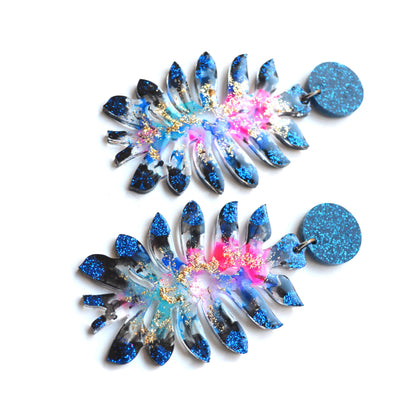 Space Flower Glitter Resin Laser Cut Statement Earrings