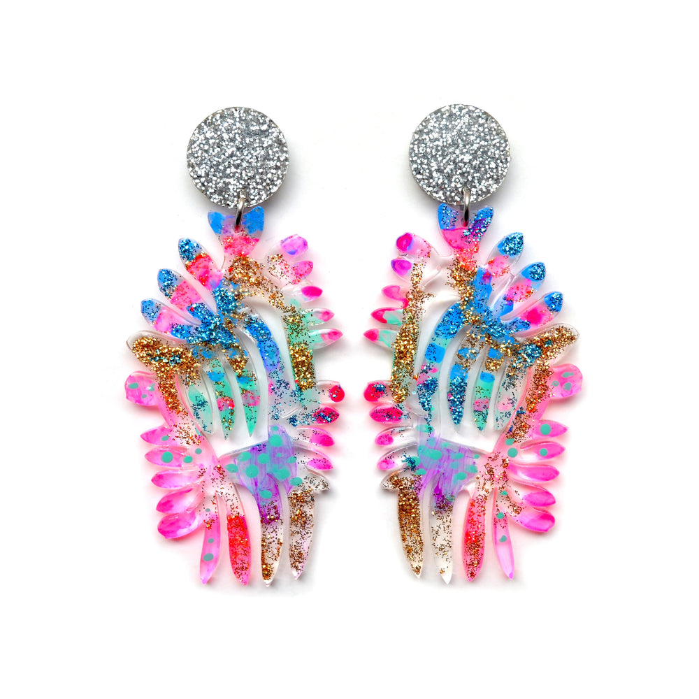 Rainbow Resin Laser Cut Earrings in Hot Pink and Glitter