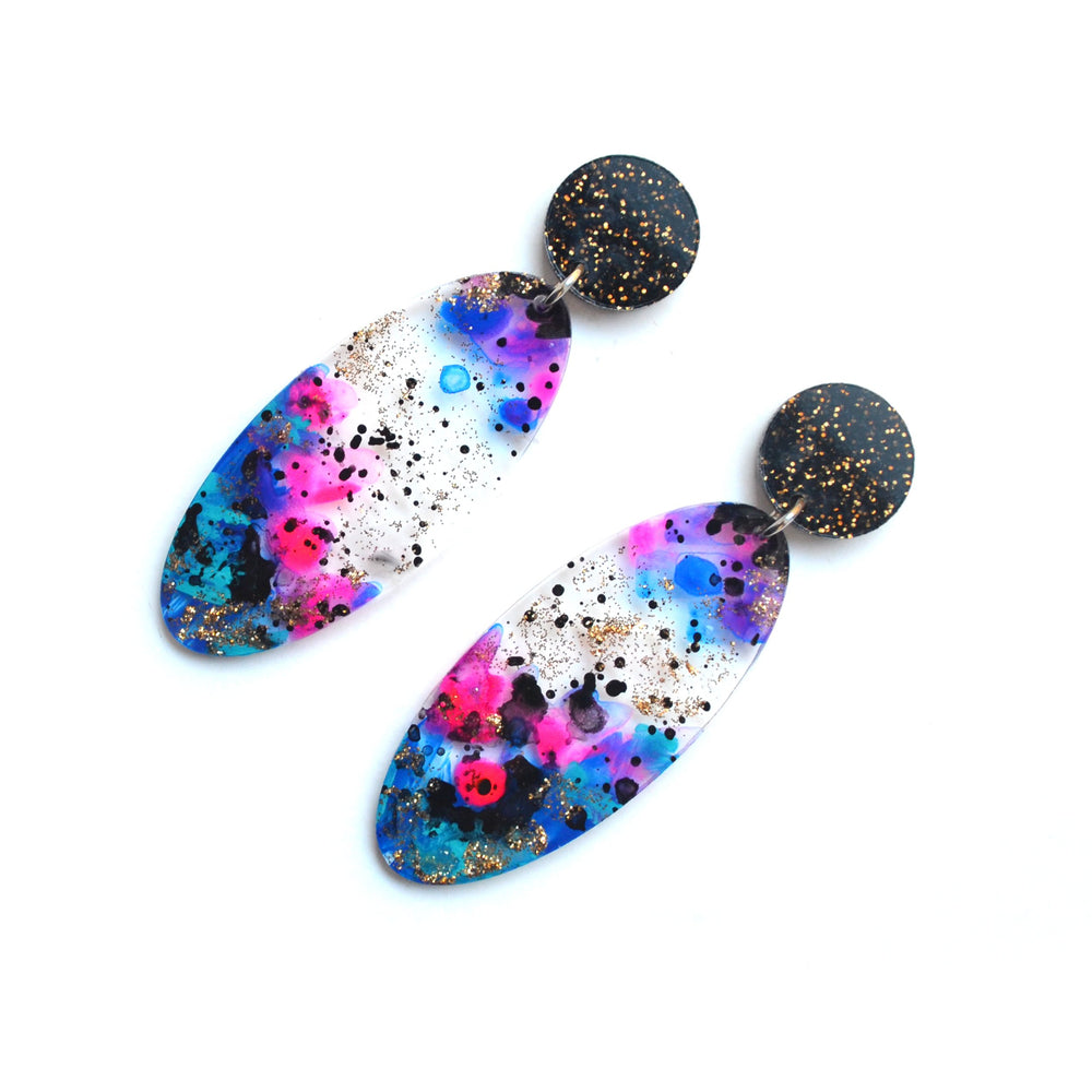 Space Oval Drop Earrings, Laser Cut Abstract Art Statement Jewelry