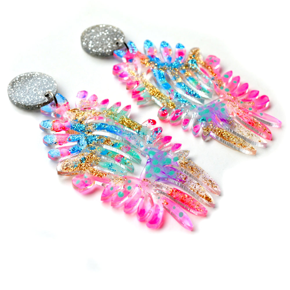 Rainbow Resin Laser Cut Earrings in Hot Pink and Glitter