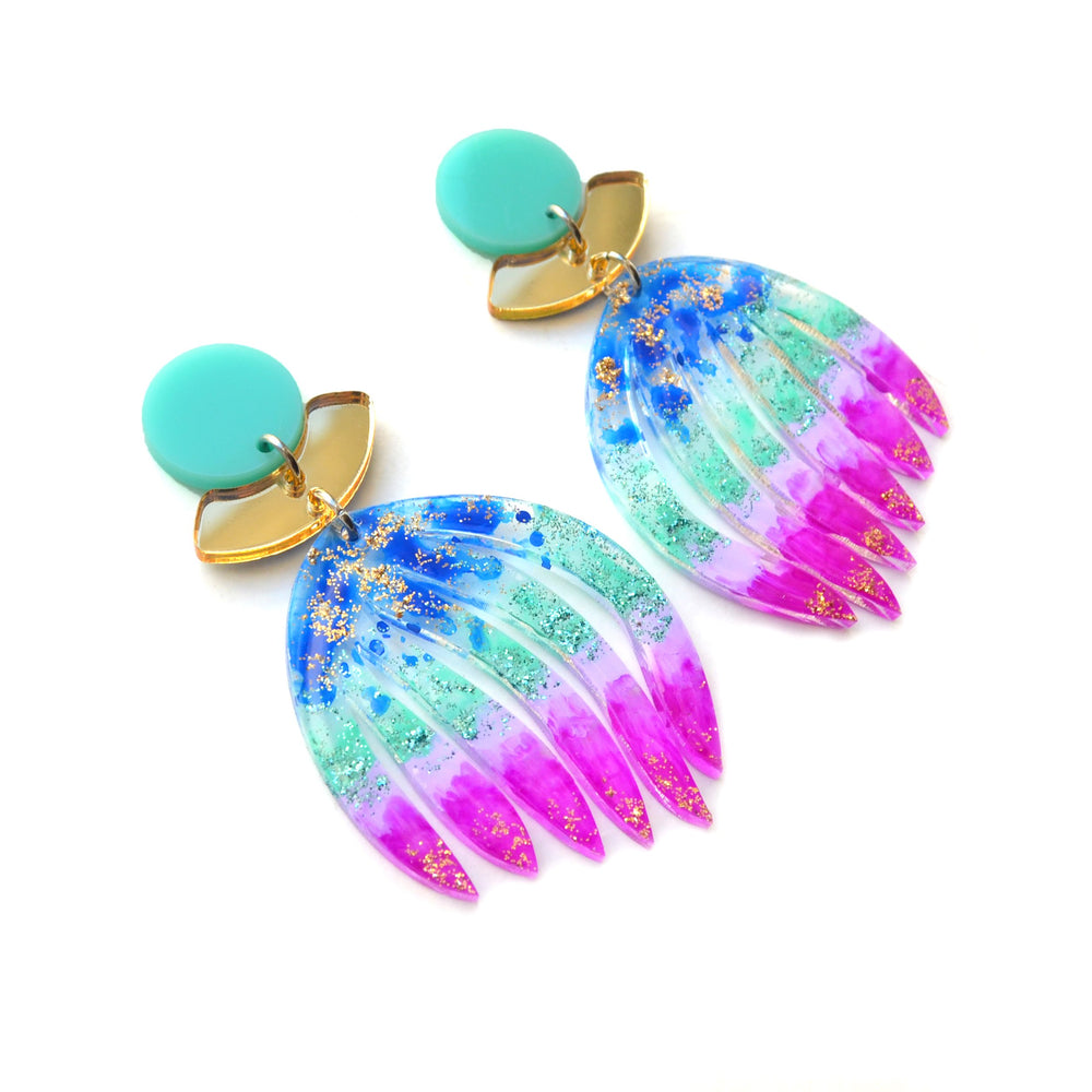Purple and Blue Ombre Palm Leaf Statement Earrings