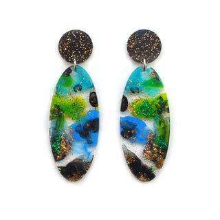 Green Blue and Black with Gold Glitter Abstract Art Oval Acrylic Earrings