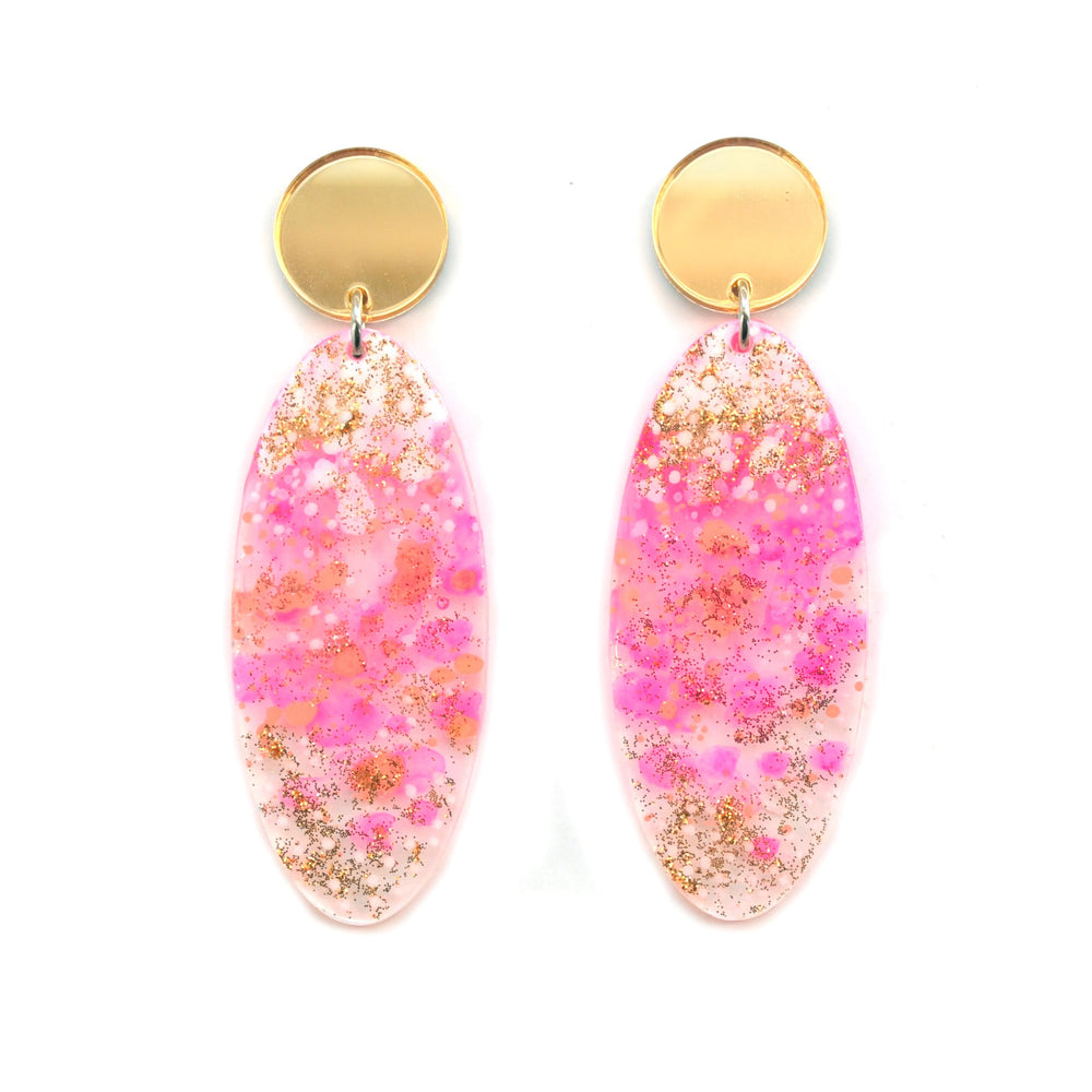 Pink and Peach Abstract Art Glitter Resin Oval Drop Earrings