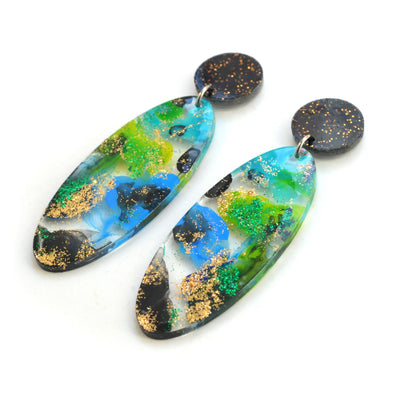 Green Blue and Black with Gold Glitter Abstract Art Oval Acrylic Earrings