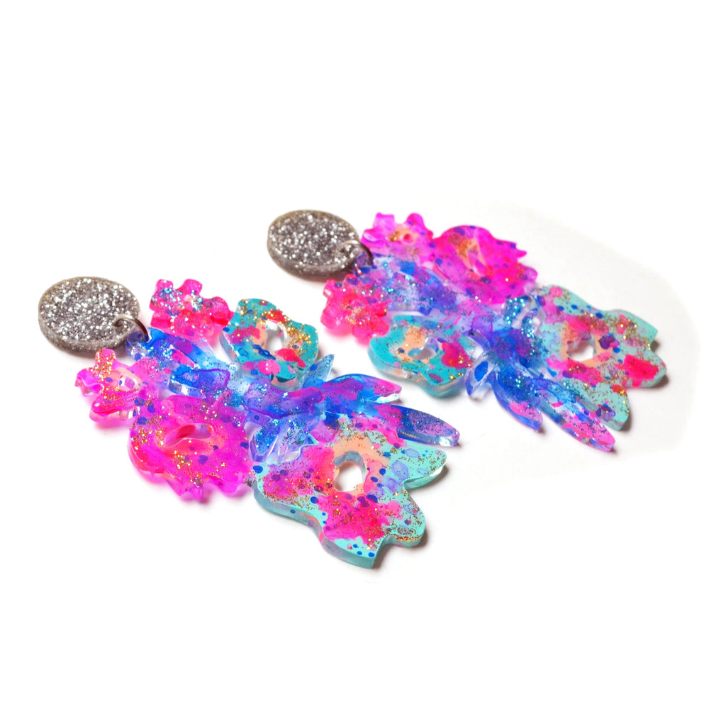 Pink and Blue Laser Cut and Glitter Resin Flower Earrings