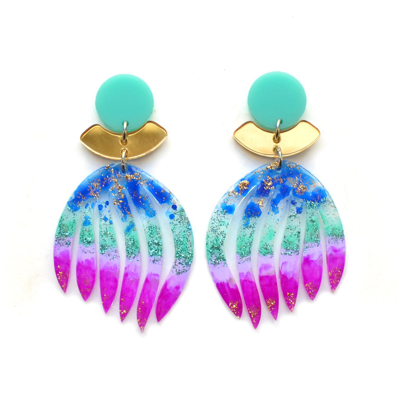 Purple and Blue Ombre Palm Leaf Statement Earrings